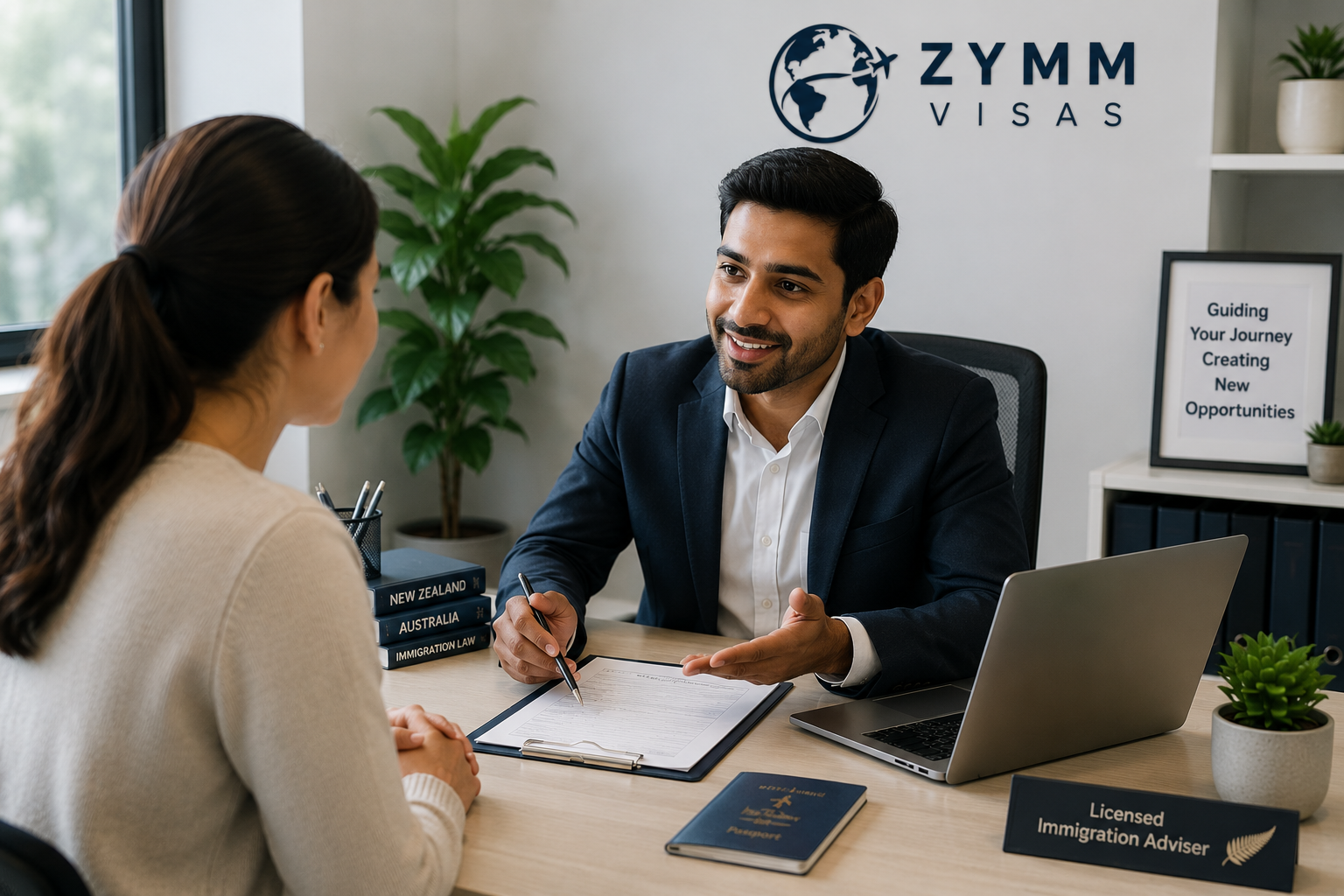 zymm visa consultant talking to clients and understanding their situatin